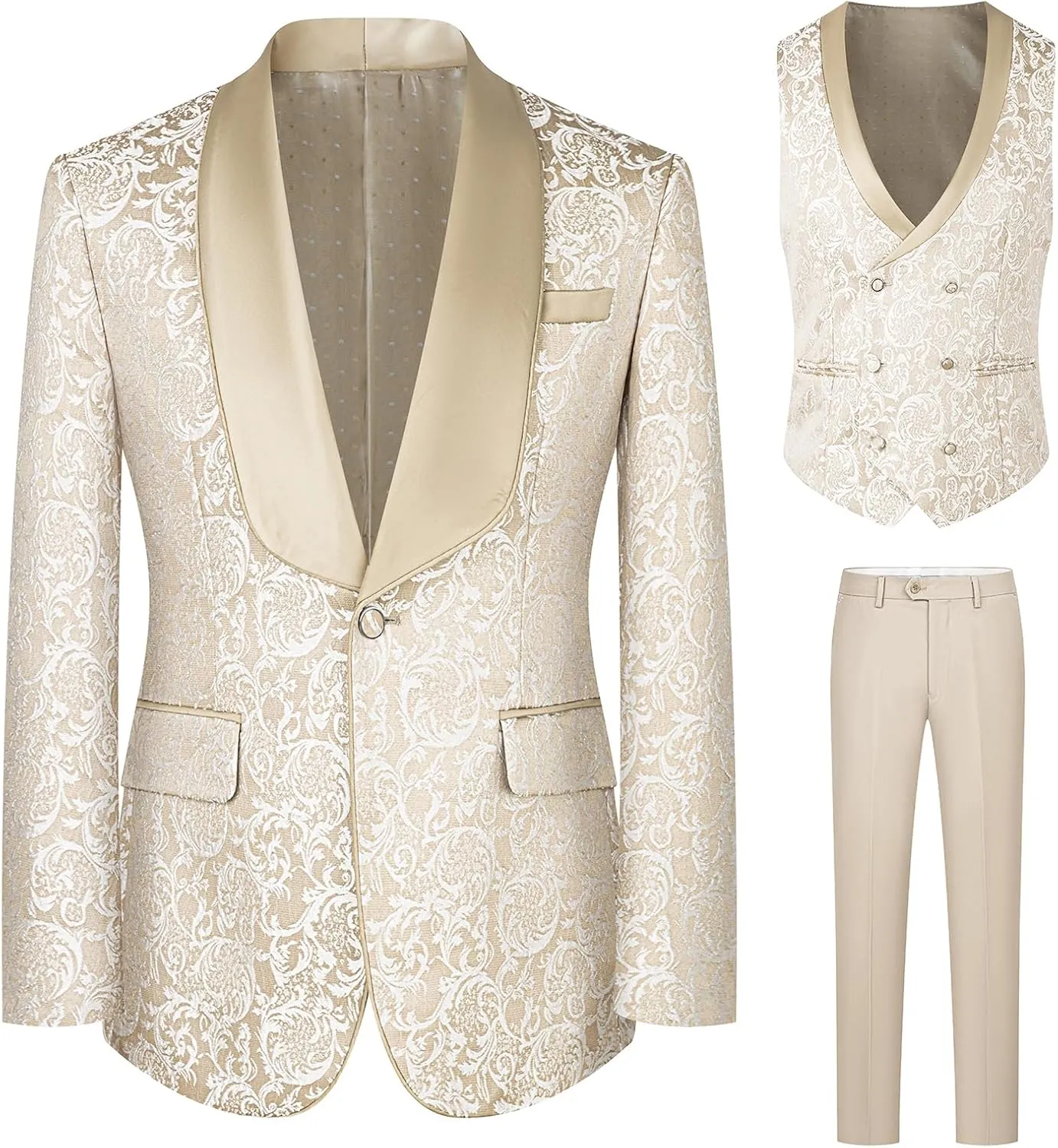 Men's Tuxedo Suits 3 Piece Wedding Prom Suits Embroidered Paisley Blazer Jacket Vest Pants Set for Party,Dinner