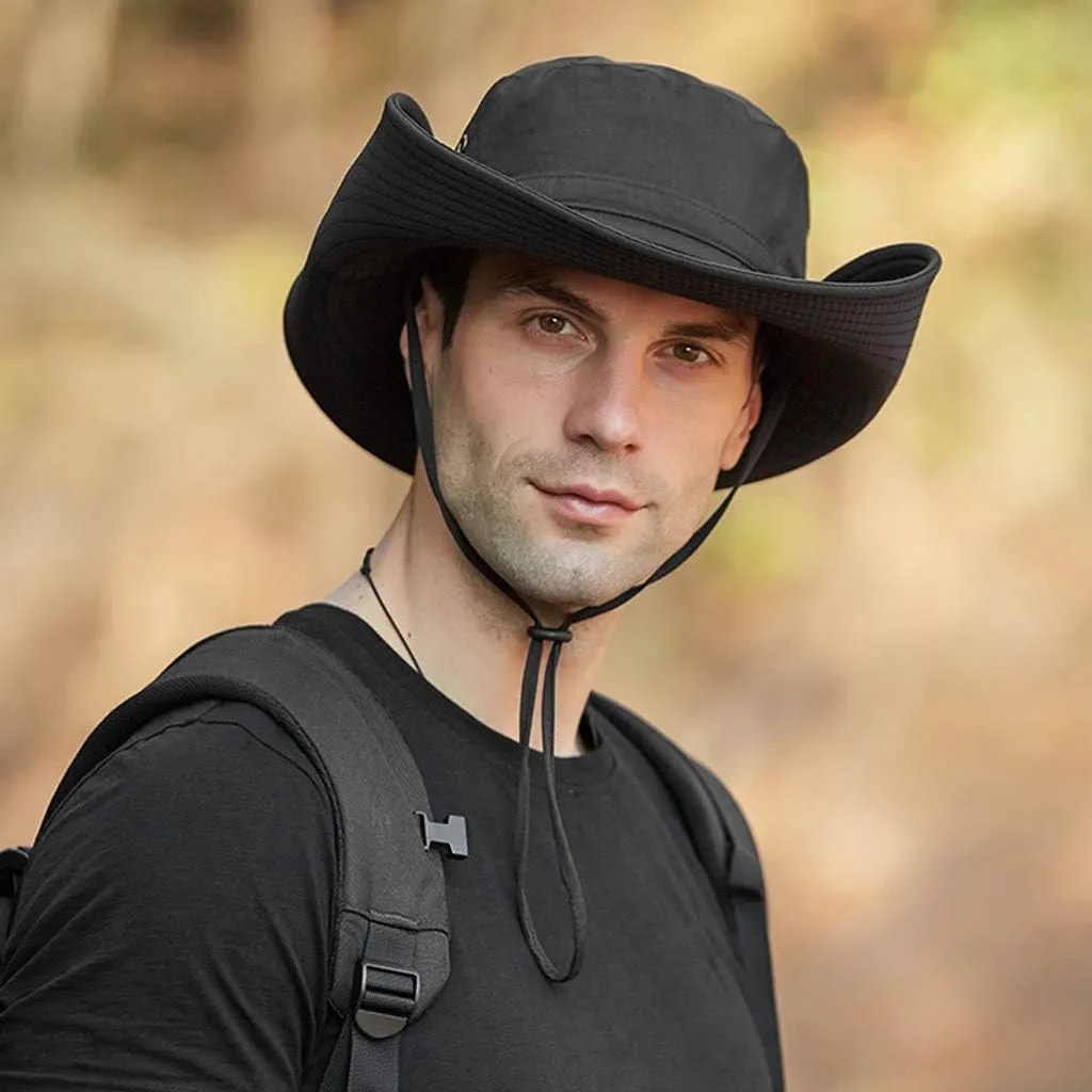 Mens Wide Brim Bucket Hats Foldable Cotton Fisherman Cap with String Solid Colors Summer Travel Sun Hats