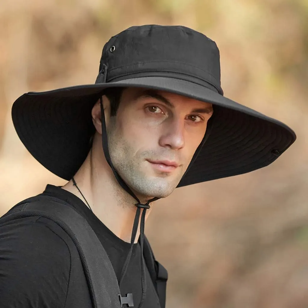 Mens Wide Brim Bucket Hats Foldable Cotton Fisherman Cap with String Solid Colors Summer Travel Sun Hats