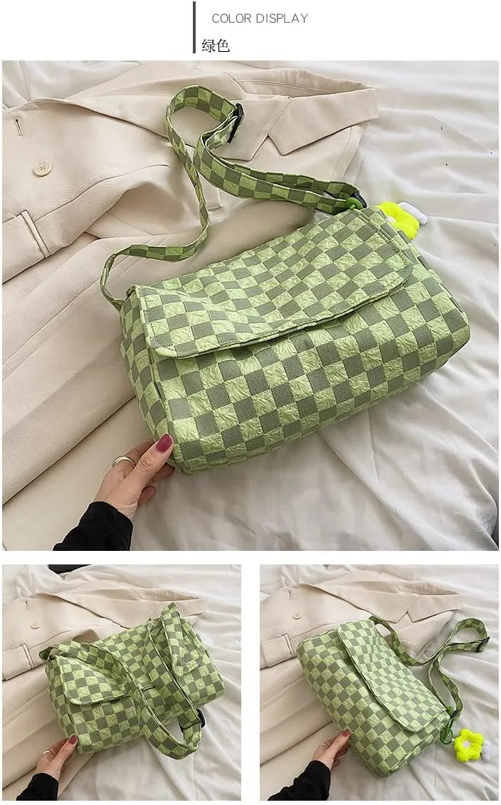 Messenger Bag for Women Korean Retro Chic Checkerboard Shoulder Bag Girl Teen Student Cute Flower Pendant Handbag Purse (01Green)