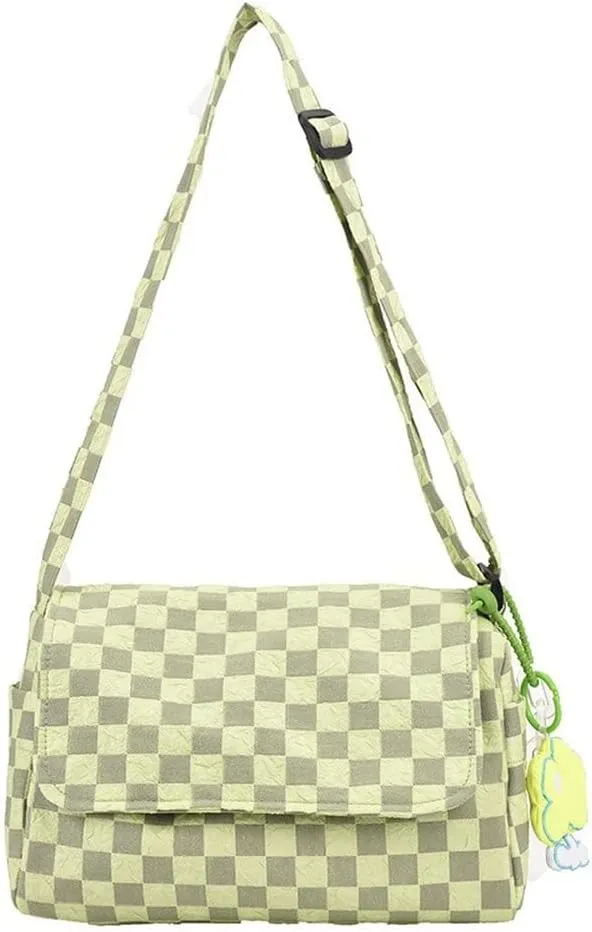 Messenger Bag for Women Korean Retro Chic Checkerboard Shoulder Bag Girl Teen Student Cute Flower Pendant Handbag Purse (01Green)