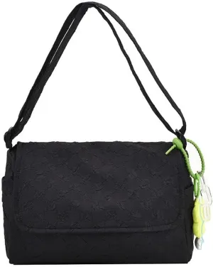 Messenger Bag for Women Korean Retro Chic Checkerboard Shoulder Bag Girl Teen Student Cute Flower Pendant Handbag Purse (Black)