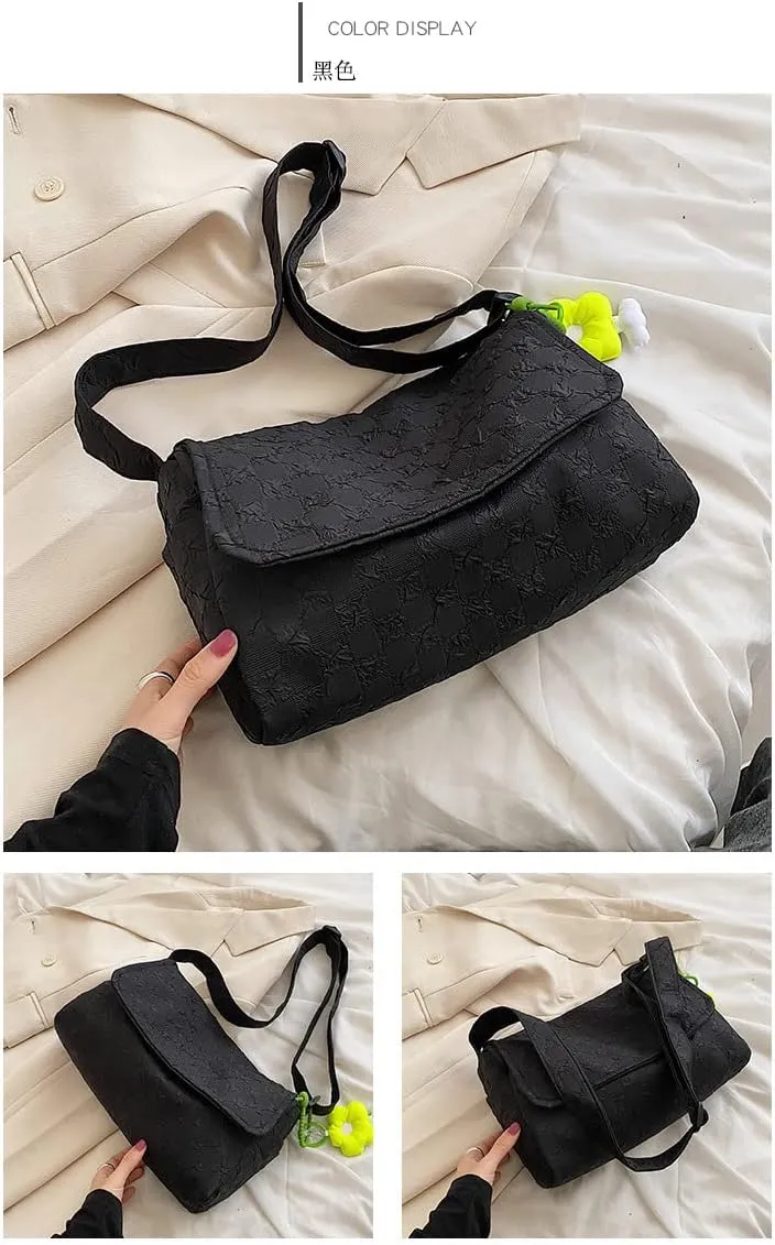 Messenger Bag for Women Korean Retro Chic Checkerboard Shoulder Bag Girl Teen Student Cute Flower Pendant Handbag Purse (Black)