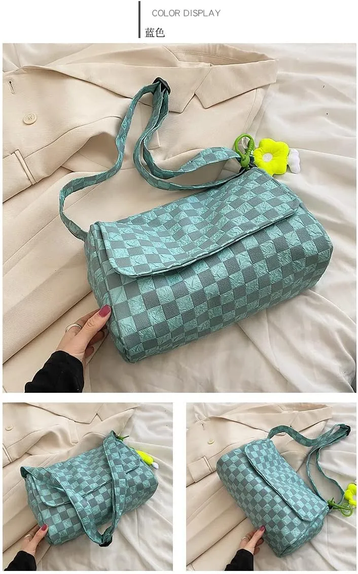 Messenger Bag for Women Korean Retro Chic Checkerboard Shoulder Bag Girl Teen Student Cute Flower Pendant Handbag Purse (Blue)