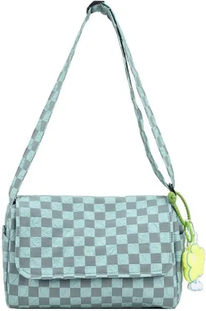 Messenger Bag for Women Korean Retro Chic Checkerboard Shoulder Bag Girl Teen Student Cute Flower Pendant Handbag Purse (Blue)