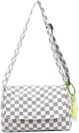 Messenger Bag for Women Korean Retro Chic Checkerboard Shoulder Bag Girl Teen Student Cute Flower Pendant Handbag Purse (White)