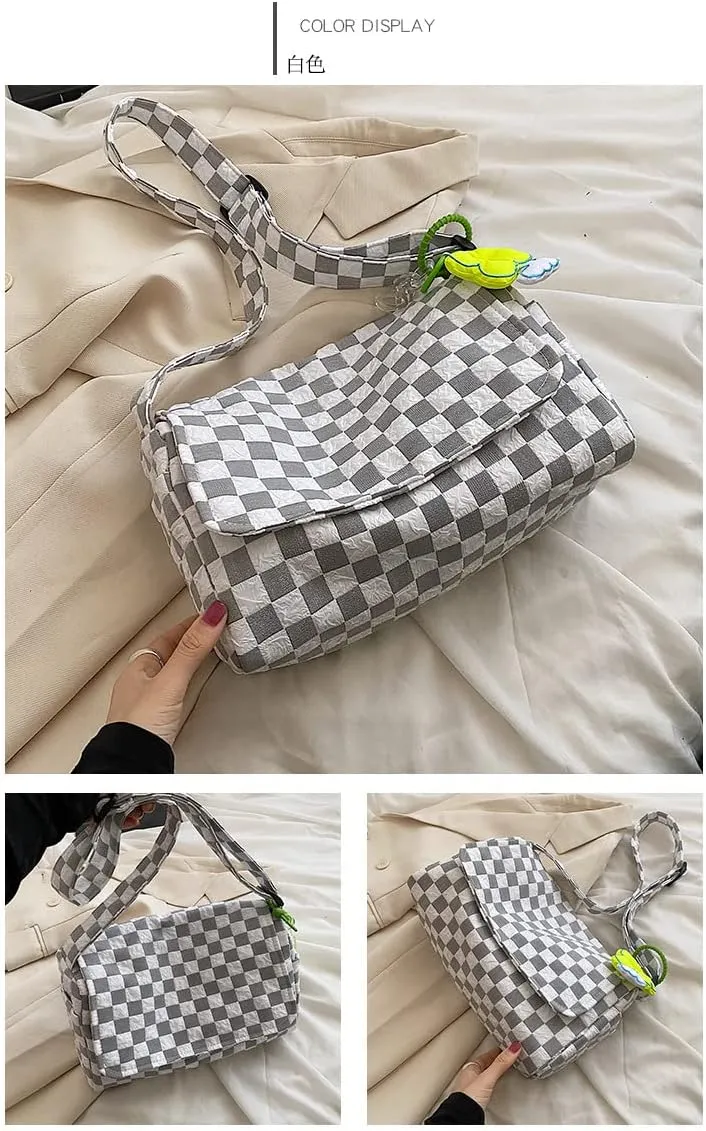 Messenger Bag for Women Korean Retro Chic Checkerboard Shoulder Bag Girl Teen Student Cute Flower Pendant Handbag Purse (White)