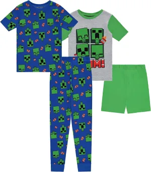 Minecraft Mojang Boys Pajamas Set - 4 Piece Short Sleeve Pajamas Set Creeper Pajamas