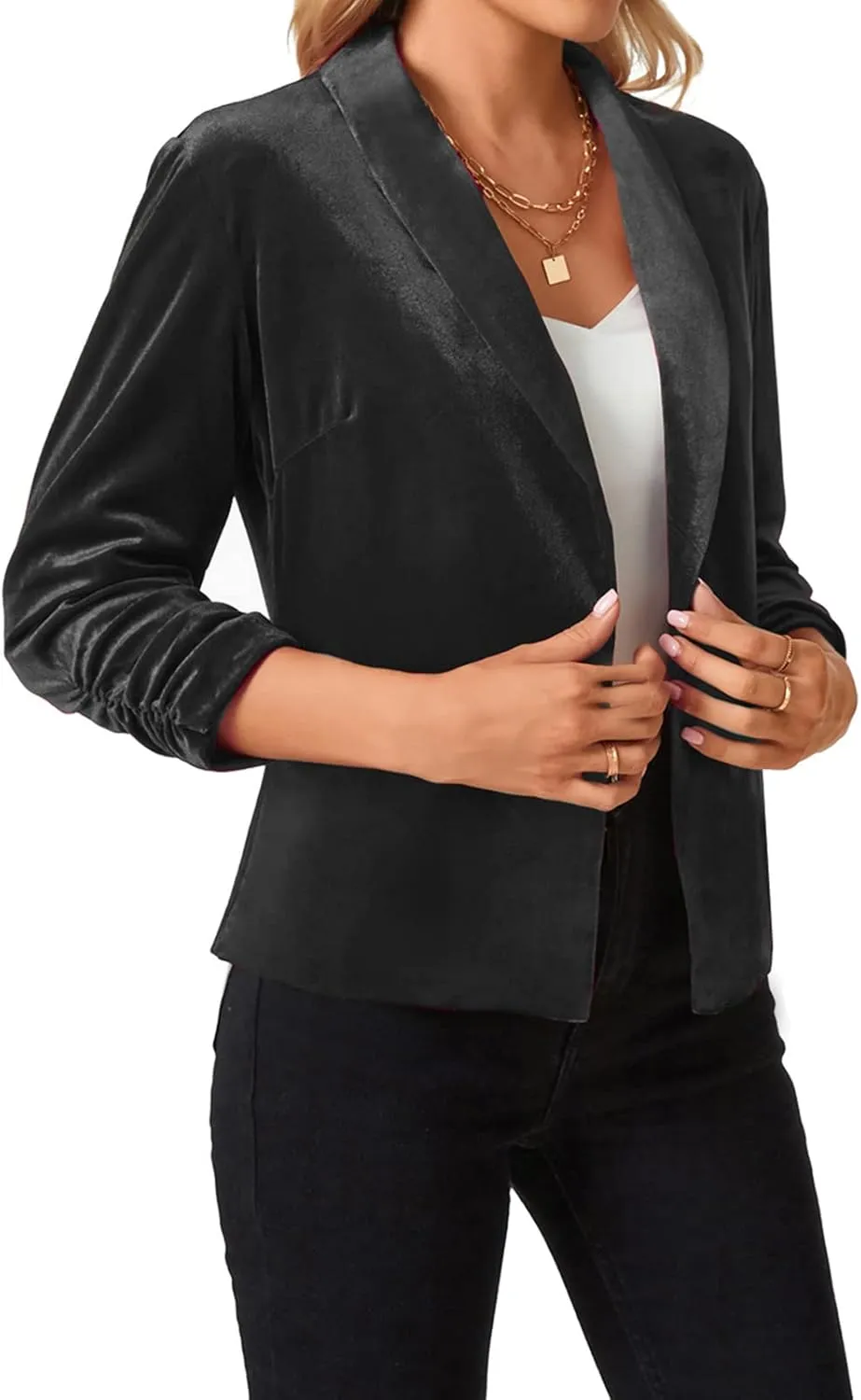 MINTLIMIT Women's Velvet Blazer 3/4 Ruched Sleeve Jacket Shawl Lapel Open Front Casual Blazers Jackets
