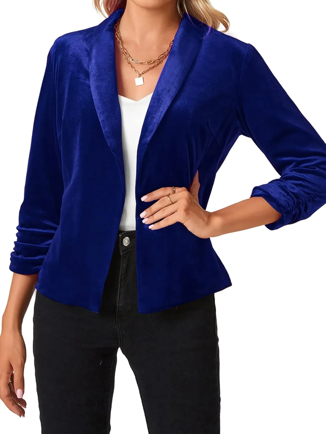 MINTLIMIT Women's Velvet Blazer 3/4 Ruched Sleeve Jacket Shawl Lapel Open Front Casual Blazers Jackets