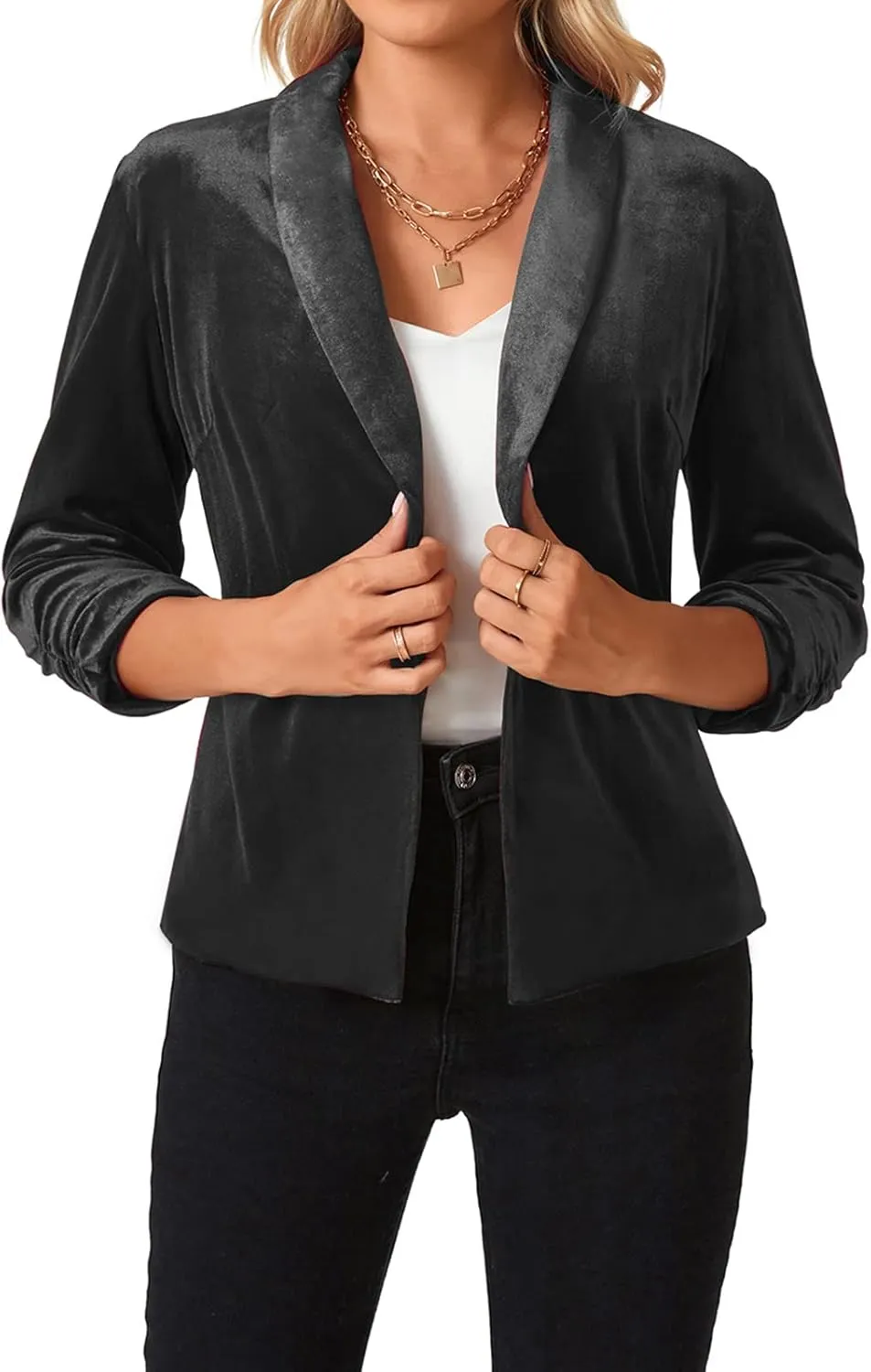 MINTLIMIT Women's Velvet Blazer 3/4 Ruched Sleeve Jacket Shawl Lapel Open Front Casual Blazers Jackets