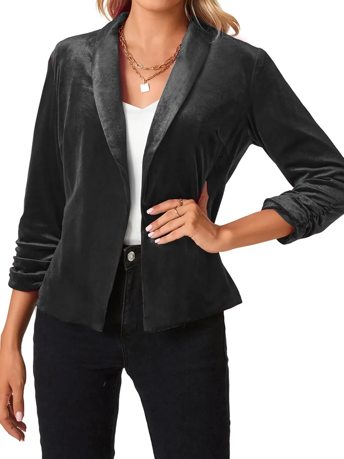 MINTLIMIT Women's Velvet Blazer 3/4 Ruched Sleeve Jacket Shawl Lapel Open Front Casual Blazers Jackets