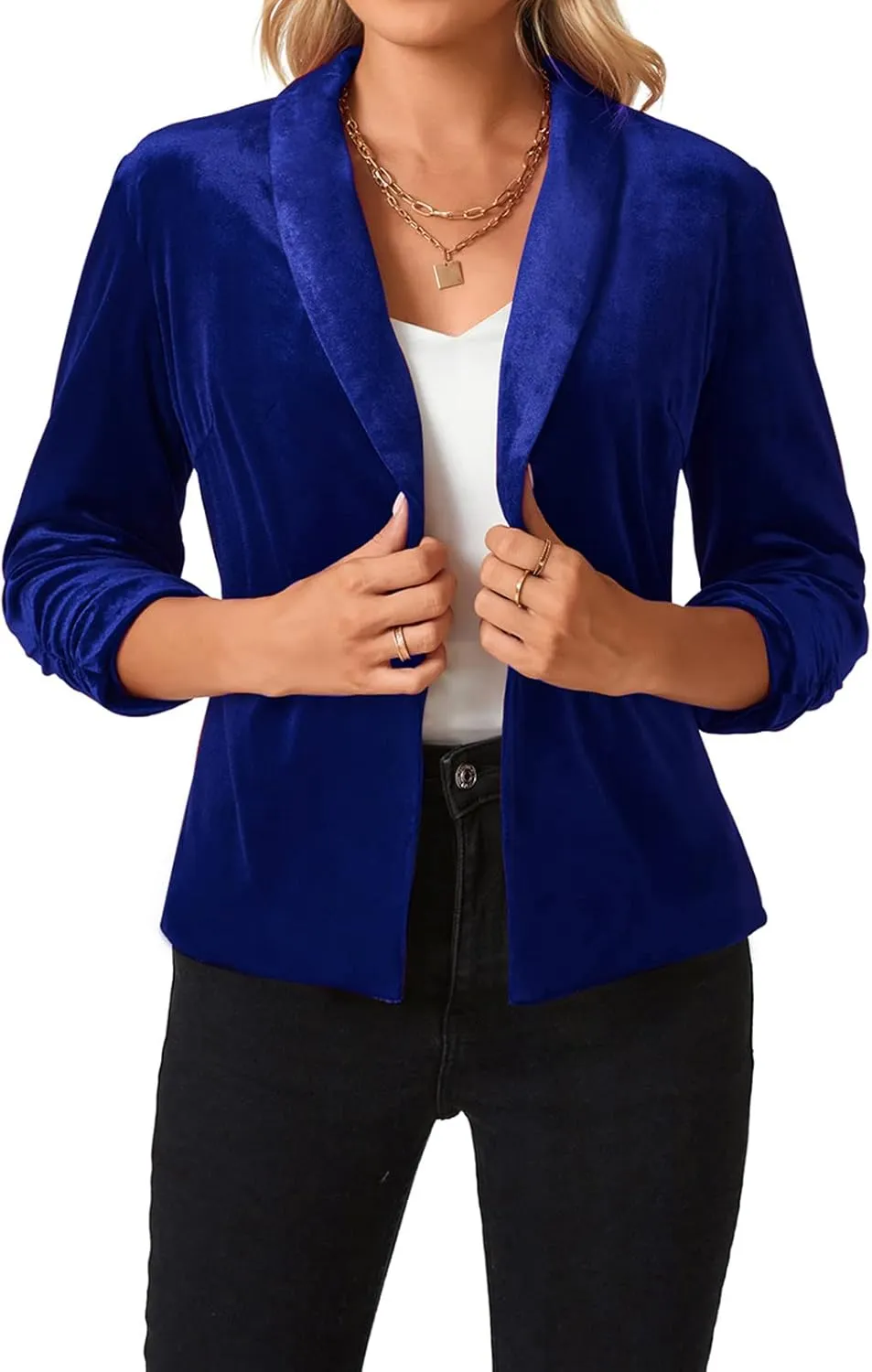 MINTLIMIT Women's Velvet Blazer 3/4 Ruched Sleeve Jacket Shawl Lapel Open Front Casual Blazers Jackets