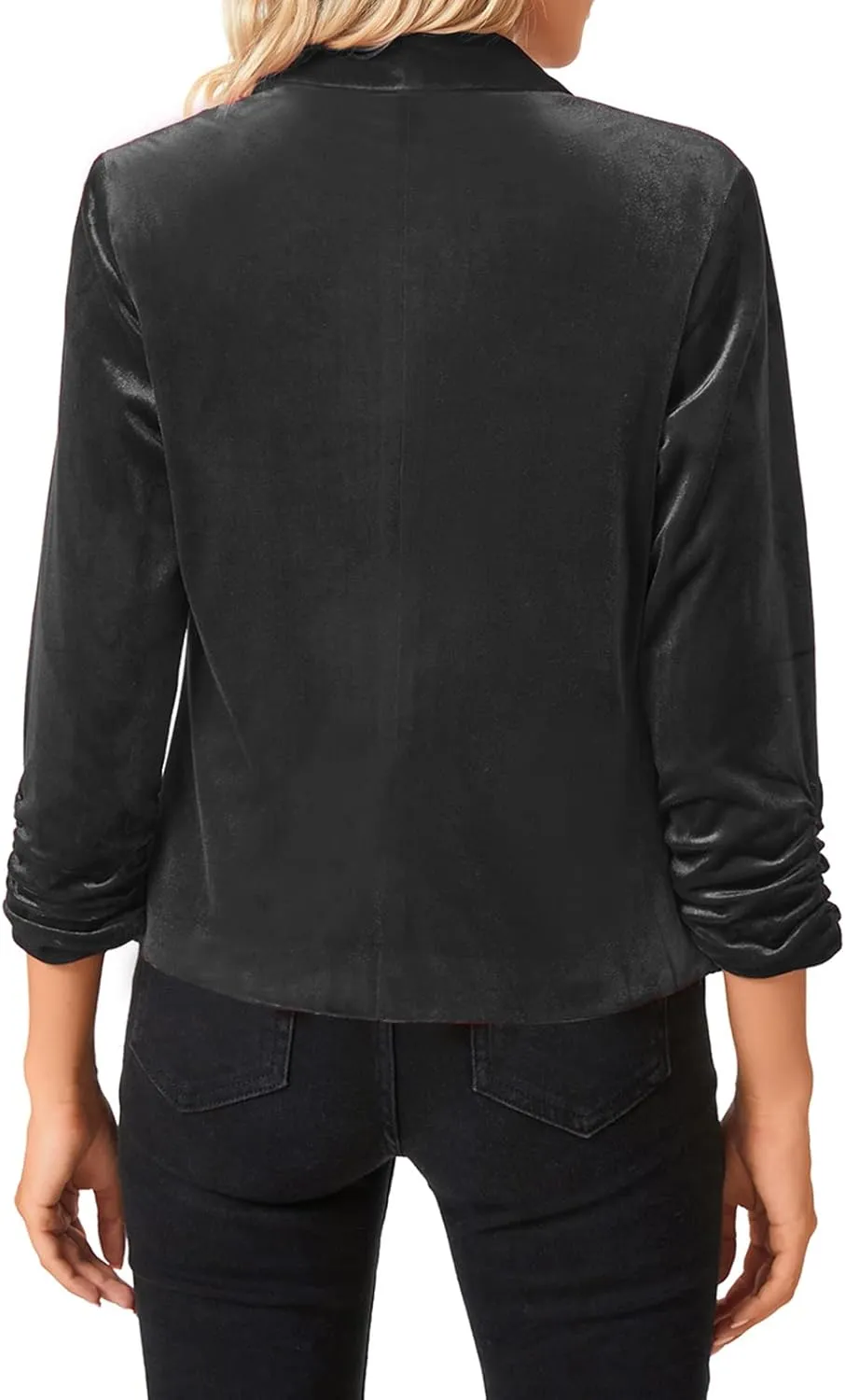 MINTLIMIT Women's Velvet Blazer 3/4 Ruched Sleeve Jacket Shawl Lapel Open Front Casual Blazers Jackets