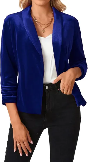 MINTLIMIT Women's Velvet Blazer 3/4 Ruched Sleeve Jacket Shawl Lapel Open Front Casual Blazers Jackets