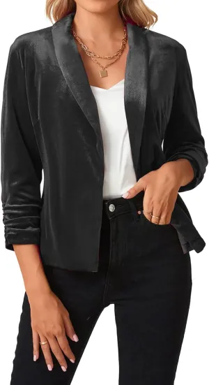 MINTLIMIT Women's Velvet Blazer 3/4 Ruched Sleeve Jacket Shawl Lapel Open Front Casual Blazers Jackets