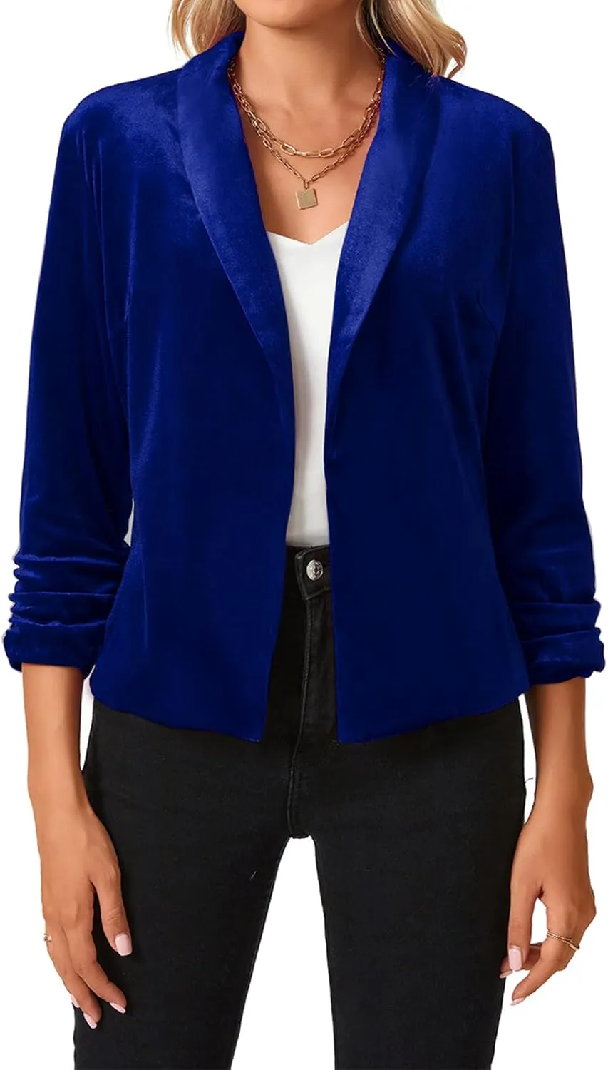 MINTLIMIT Women's Velvet Blazer 3/4 Ruched Sleeve Jacket Shawl Lapel Open Front Casual Blazers Jackets