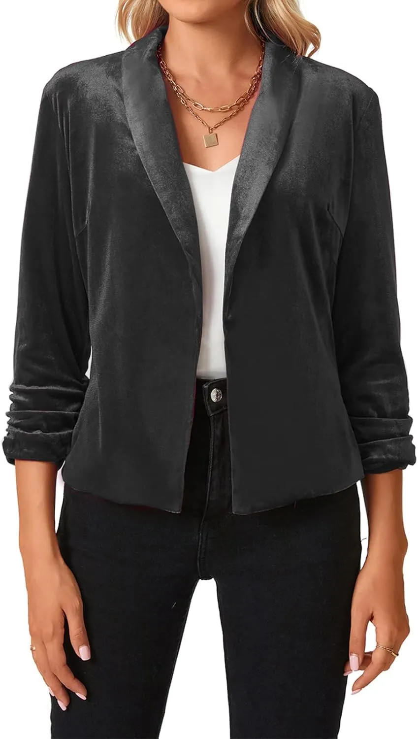 MINTLIMIT Women's Velvet Blazer 3/4 Ruched Sleeve Jacket Shawl Lapel Open Front Casual Blazers Jackets