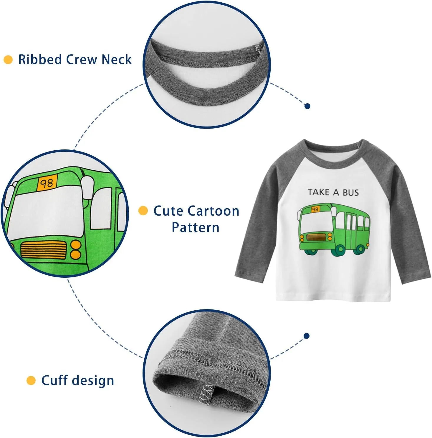 Moon Tree Boys Cotton Long Sleeve T Shirts Cartoon Shirt Crew Neck Tees Excavator 2 Pack