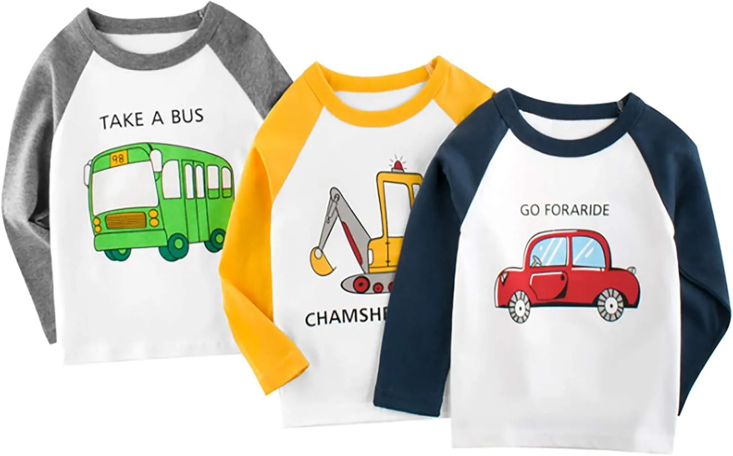 Moon Tree Boys Cotton Long Sleeve T Shirts Cartoon Shirt Crew Neck Tees Excavator 2 Pack
