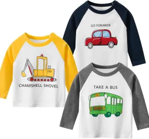 Moon Tree Boys Cotton Long Sleeve T Shirts Cartoon Shirt Crew Neck Tees Excavator 2 Pack