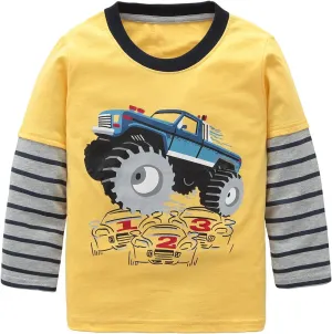 Moon Tree Boys Cotton Long Sleeve T Shirts Cartoon Shirt Crew Neck Tees Excavator 2 Pack