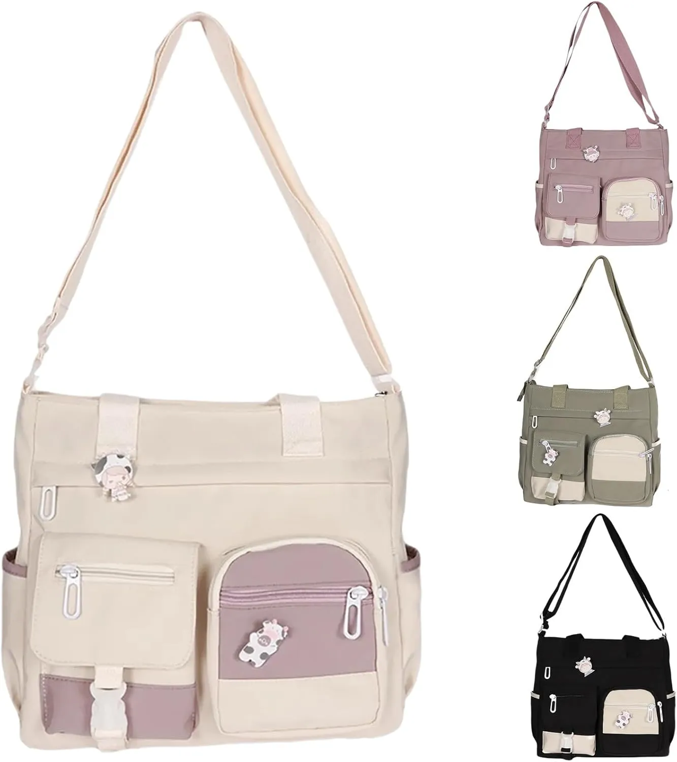 Multi Purpose Shoulder Bag Large Capacity Messenger Bag Student Girl CanvasBag Korean Fashion Casual (White, One Size)