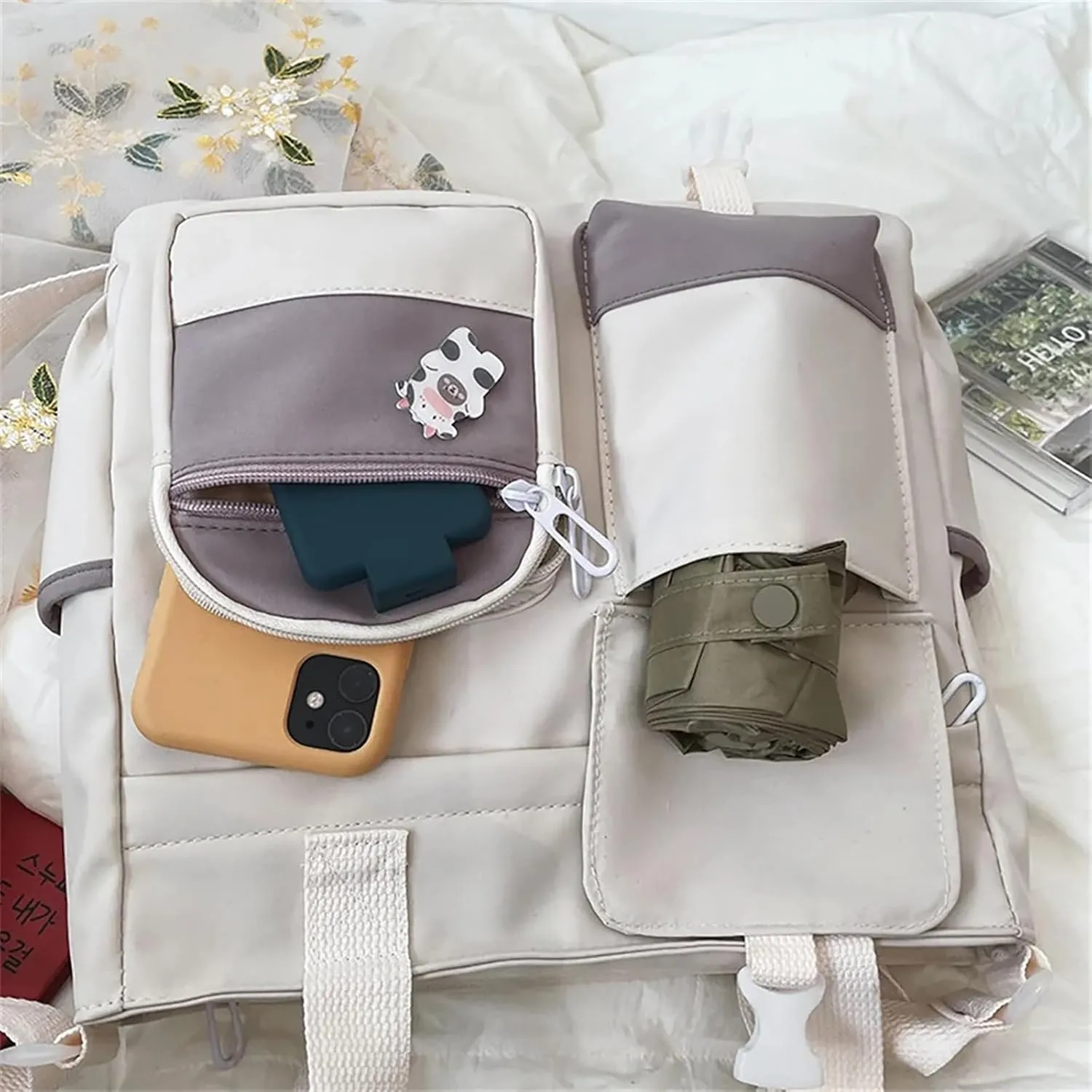 Multi Purpose Shoulder Bag Large Capacity Messenger Bag Student Girl CanvasBag Korean Fashion Casual (White, One Size)