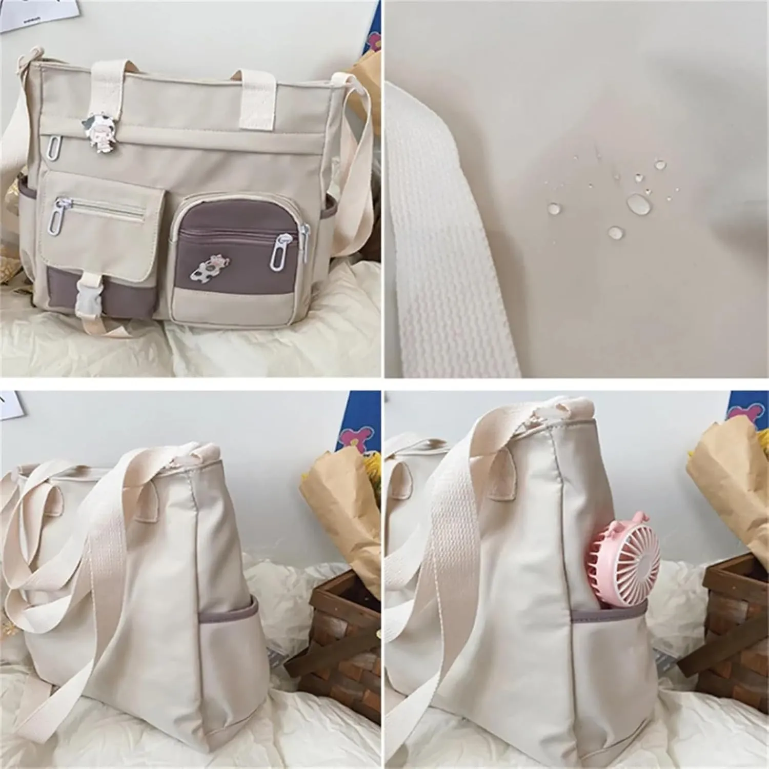 Multi Purpose Shoulder Bag Large Capacity Messenger Bag Student Girl CanvasBag Korean Fashion Casual (White, One Size)