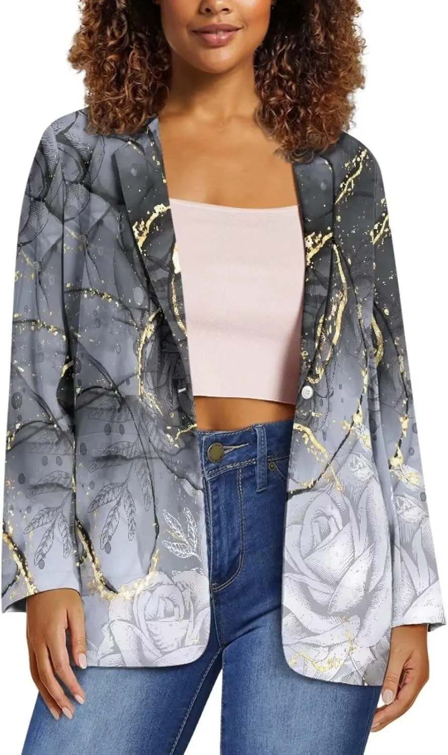 Novelty Women's Casual Blazers Long Sleeve Open Front Button Work Offic Blazer Jackets with Pockets