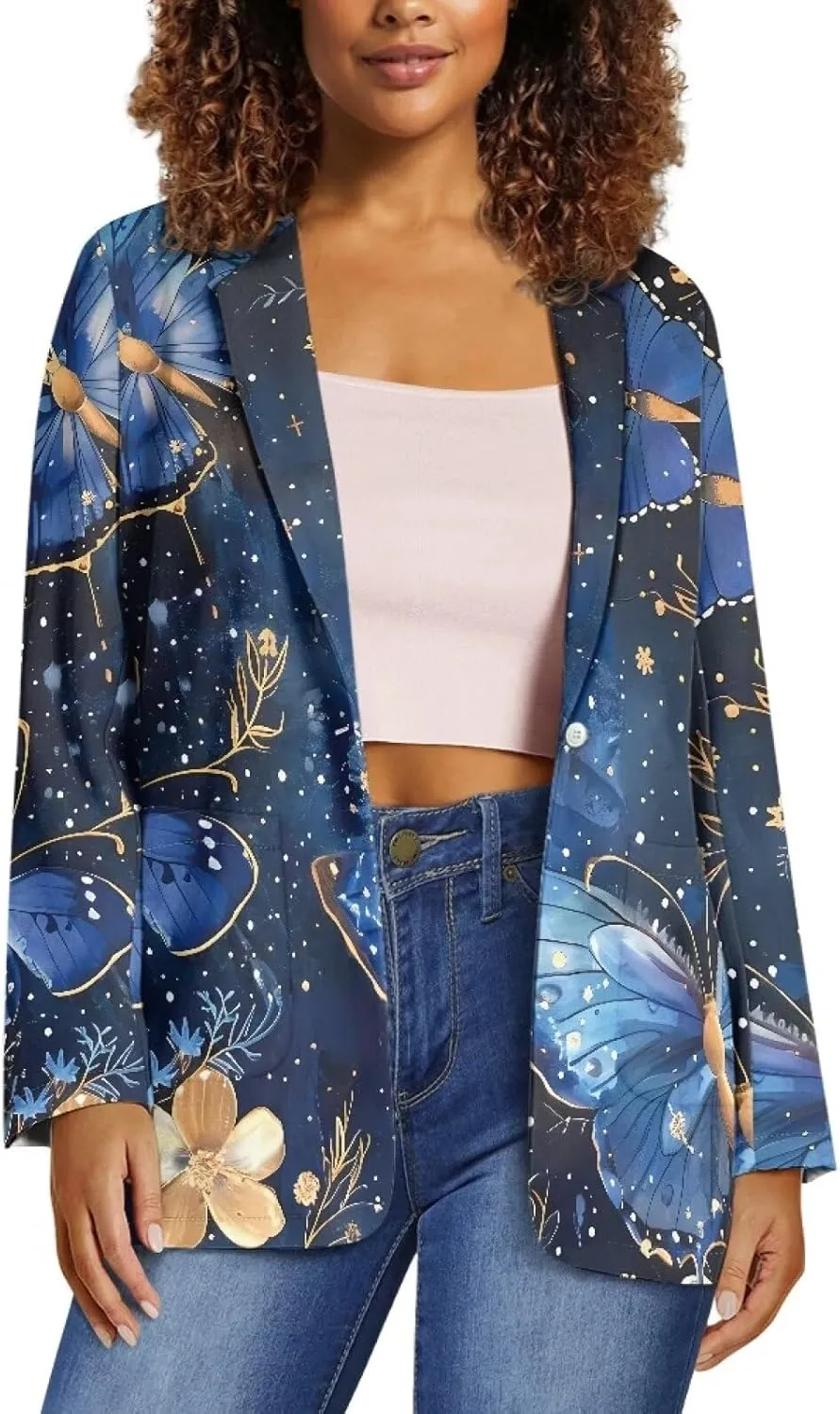 Novelty Women's Casual Blazers Long Sleeve Open Front Button Work Offic Blazer Jackets with Pockets