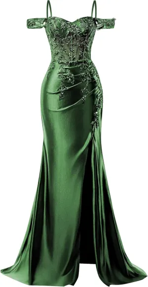 Off Shoulder Satin Prom Dresses 2025 Mermaid Lace Applique Formal Evening Party Gowns with Slit