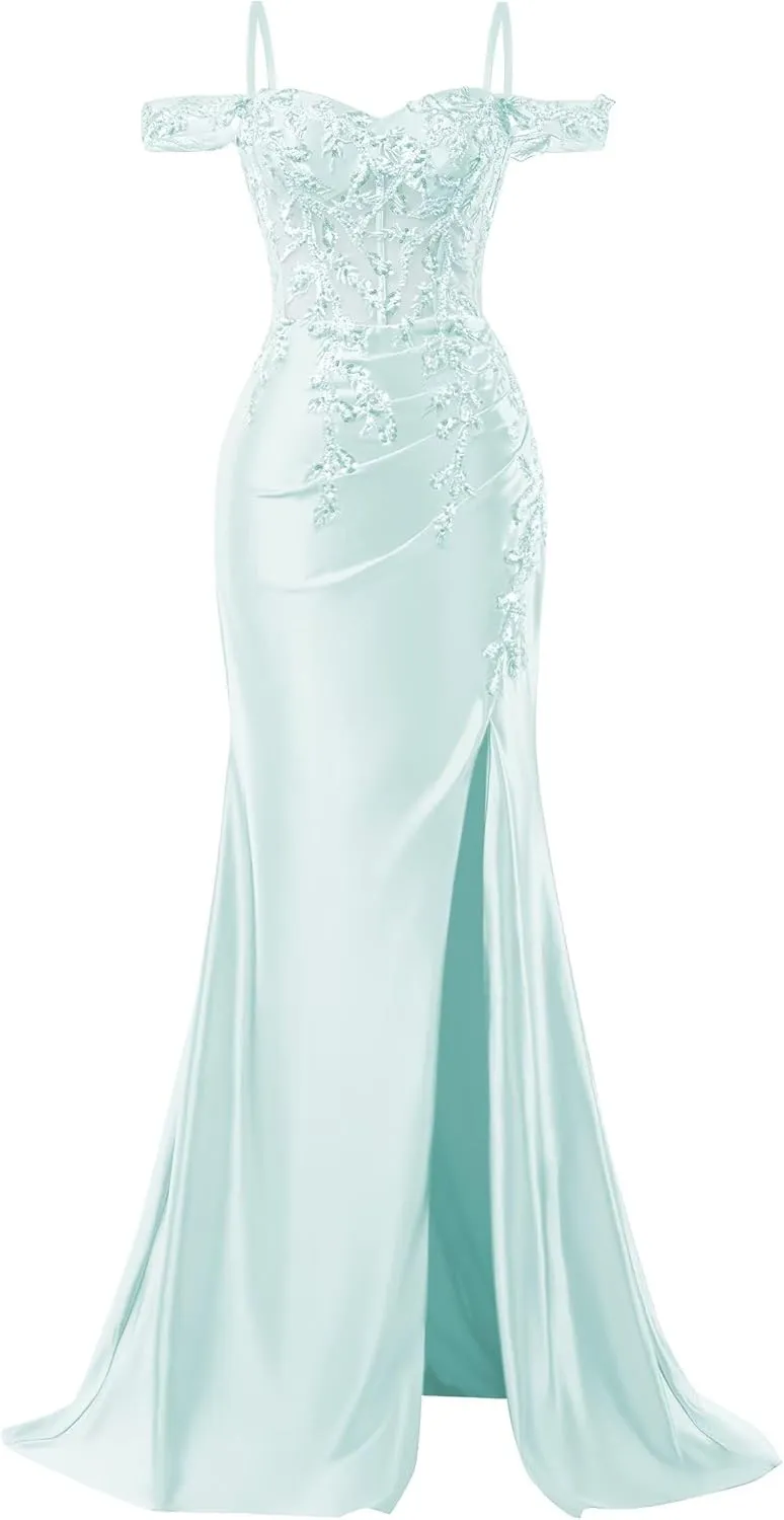 Off Shoulder Satin Prom Dresses 2025 Mermaid Lace Applique Formal Evening Party Gowns with Slit