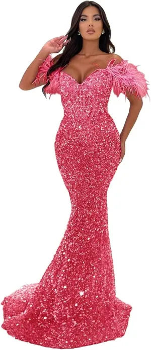 Off Shoulder Sweetheart Mermaid Prom Dresses 2024 Long Sparkly Sequin Feathers Sheath Formal Evening Party Gowns with Train
