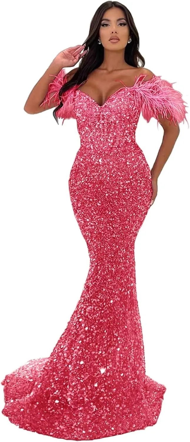 Off Shoulder Sweetheart Mermaid Prom Dresses 2024 Long Sparkly Sequin Feathers Sheath Formal Evening Party Gowns with Train