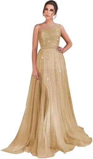 One Shoulder Sequin Long Prom Dresses for Women 2024 Sparkly Tulle High Slit Formal Maxi Evening Dress with Slit