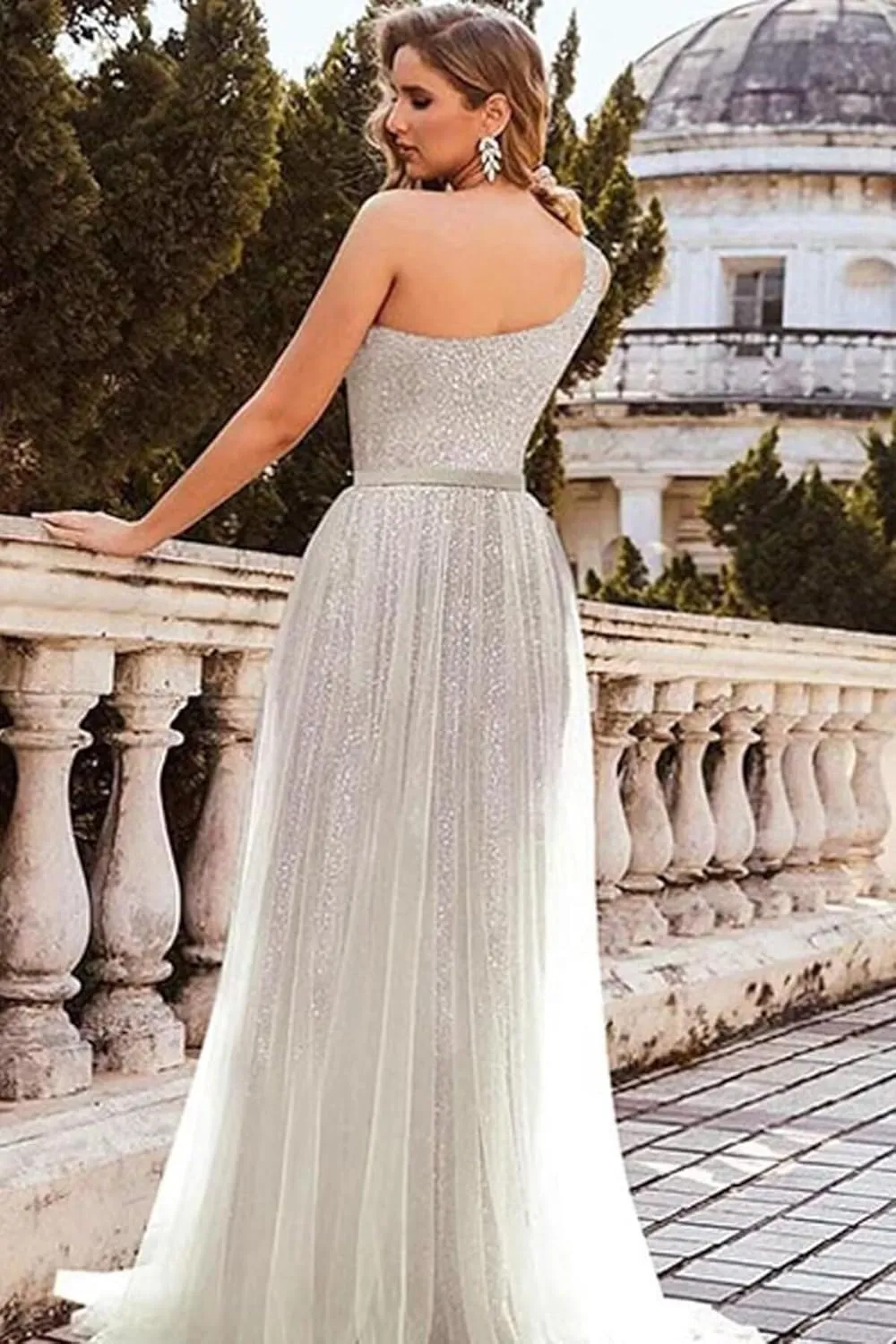 One Shoulder Sequin Long Prom Dresses for Women 2024 Sparkly Tulle High Slit Formal Maxi Evening Dress with Slit