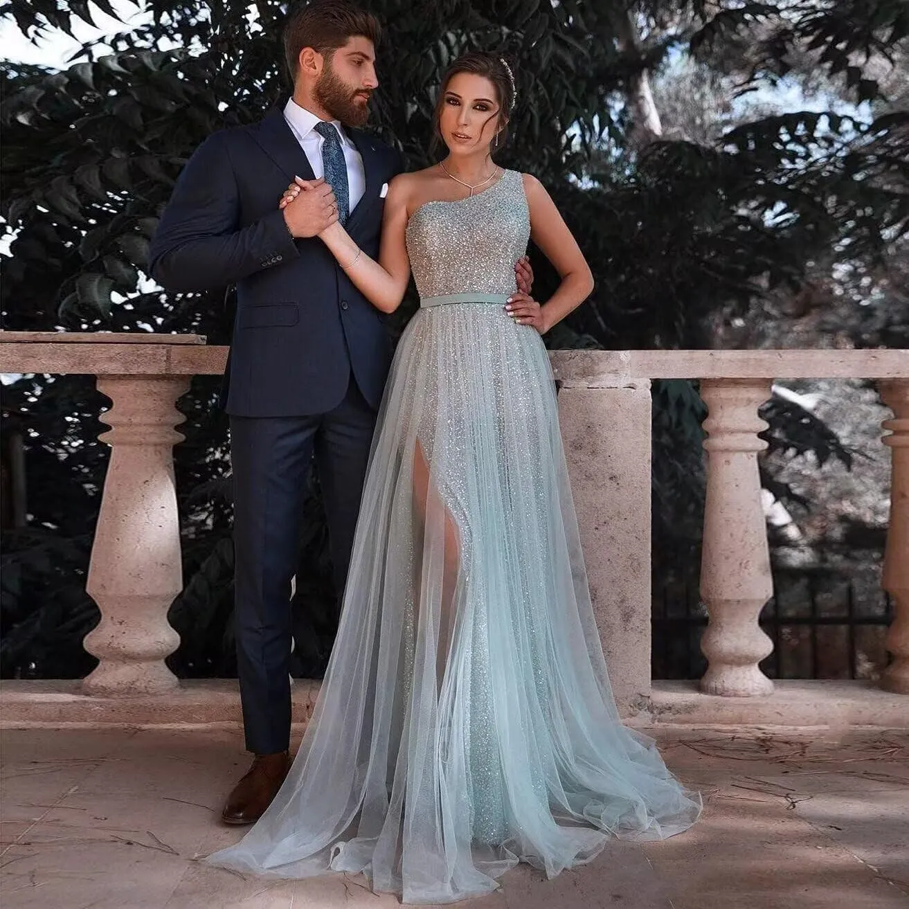 One Shoulder Sequin Long Prom Dresses for Women 2024 Sparkly Tulle High Slit Formal Maxi Evening Dress with Slit