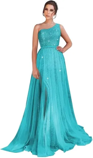 One Shoulder Sequin Long Prom Dresses for Women 2024 Sparkly Tulle High Slit Formal Maxi Evening Dress with Slit