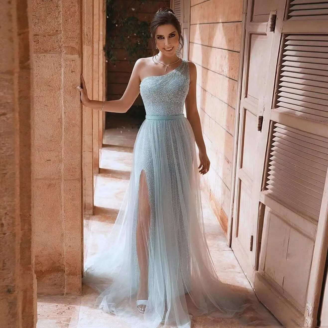 One Shoulder Sequin Long Prom Dresses for Women 2024 Sparkly Tulle High Slit Formal Maxi Evening Dress with Slit