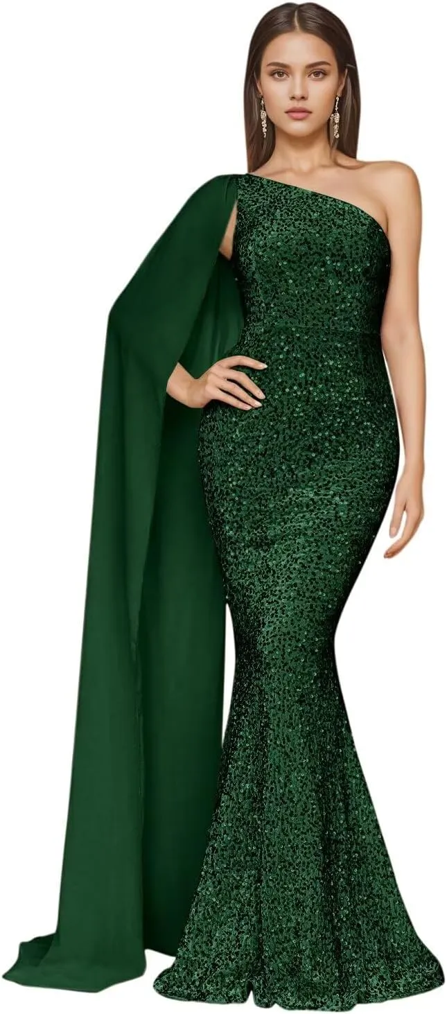 One Shoulder Sequin Prom Dresses for Women 2025 Sparkly Mermaid Formal Evening Party Gowns with Cape