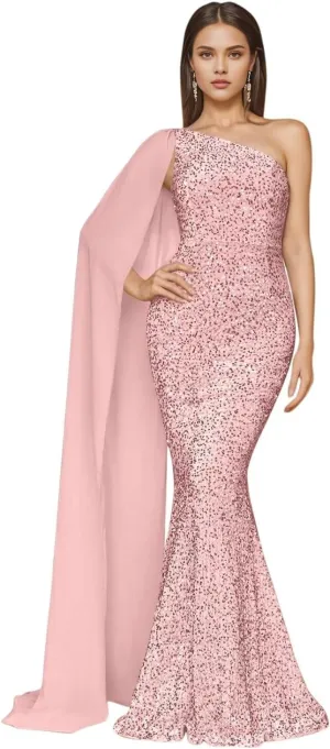 One Shoulder Sequin Prom Dresses for Women 2025 Sparkly Mermaid Formal Evening Party Gowns with Cape