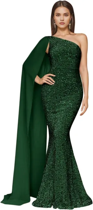 One Shoulder Sequin Prom Dresses for Women 2025 Sparkly Mermaid Formal Evening Party Gowns with Cape
