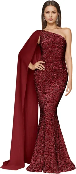 One Shoulder Sequin Prom Dresses for Women 2025 Sparkly Mermaid Formal Evening Party Gowns with Cape