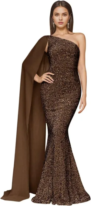 One Shoulder Sequin Prom Dresses for Women 2025 Sparkly Mermaid Formal Evening Party Gowns with Cape