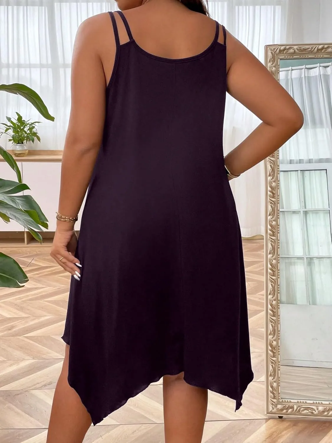 OYOANGLE Women's Plus Size Scoop Neck Sleeveless Asymmetrical Hem Flowy Midi Cami Dress