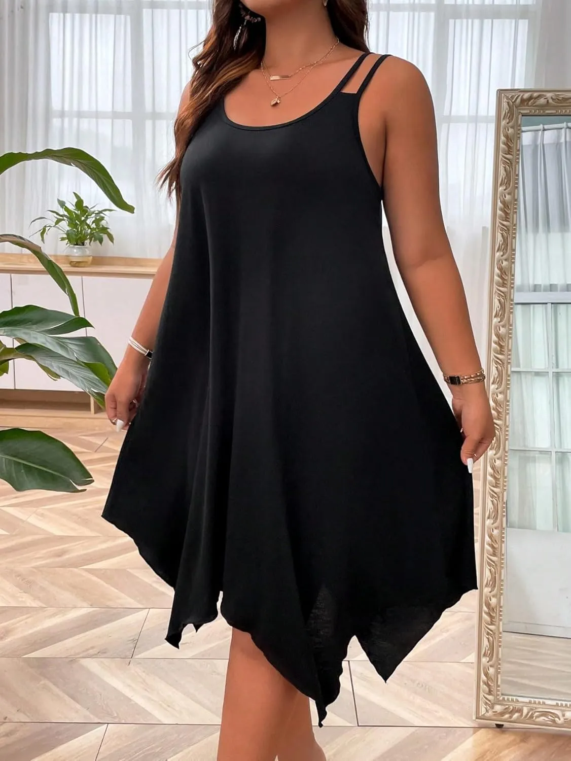 OYOANGLE Women's Plus Size Scoop Neck Sleeveless Asymmetrical Hem Flowy Midi Cami Dress
