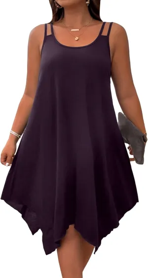 OYOANGLE Women's Plus Size Scoop Neck Sleeveless Asymmetrical Hem Flowy Midi Cami Dress