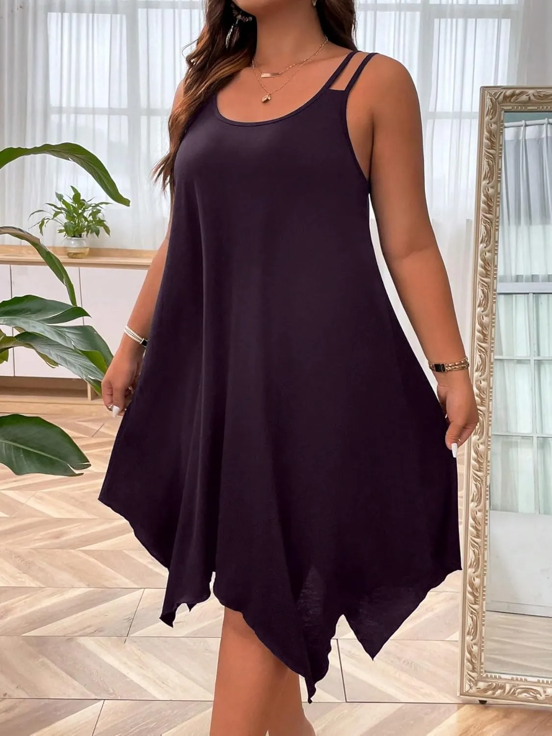 OYOANGLE Women's Plus Size Scoop Neck Sleeveless Asymmetrical Hem Flowy Midi Cami Dress