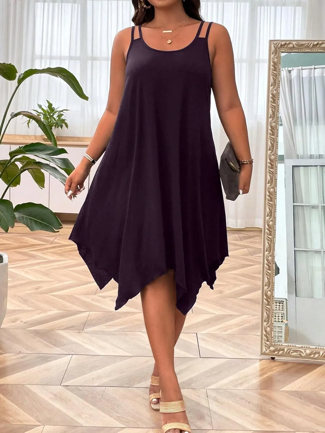 OYOANGLE Women's Plus Size Scoop Neck Sleeveless Asymmetrical Hem Flowy Midi Cami Dress